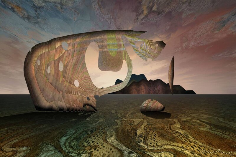 Surreal landscape with wooden sculpture