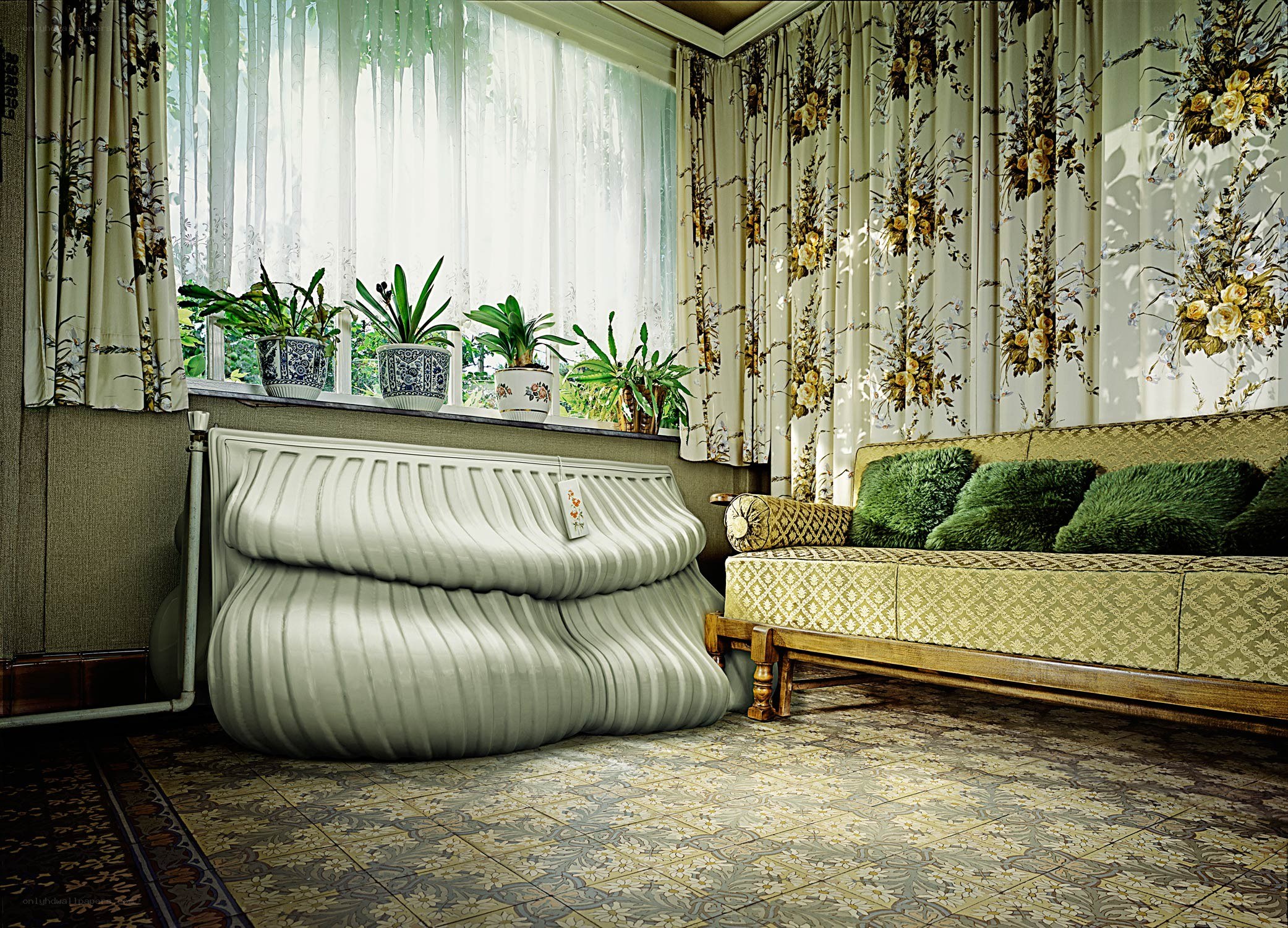 Surreal living room with organic sofa