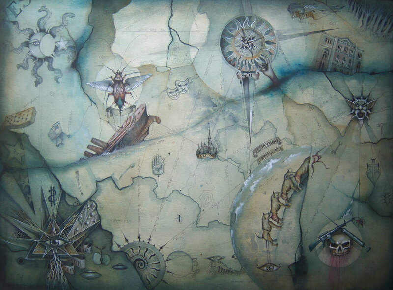 Surreal map with symbolic imagery