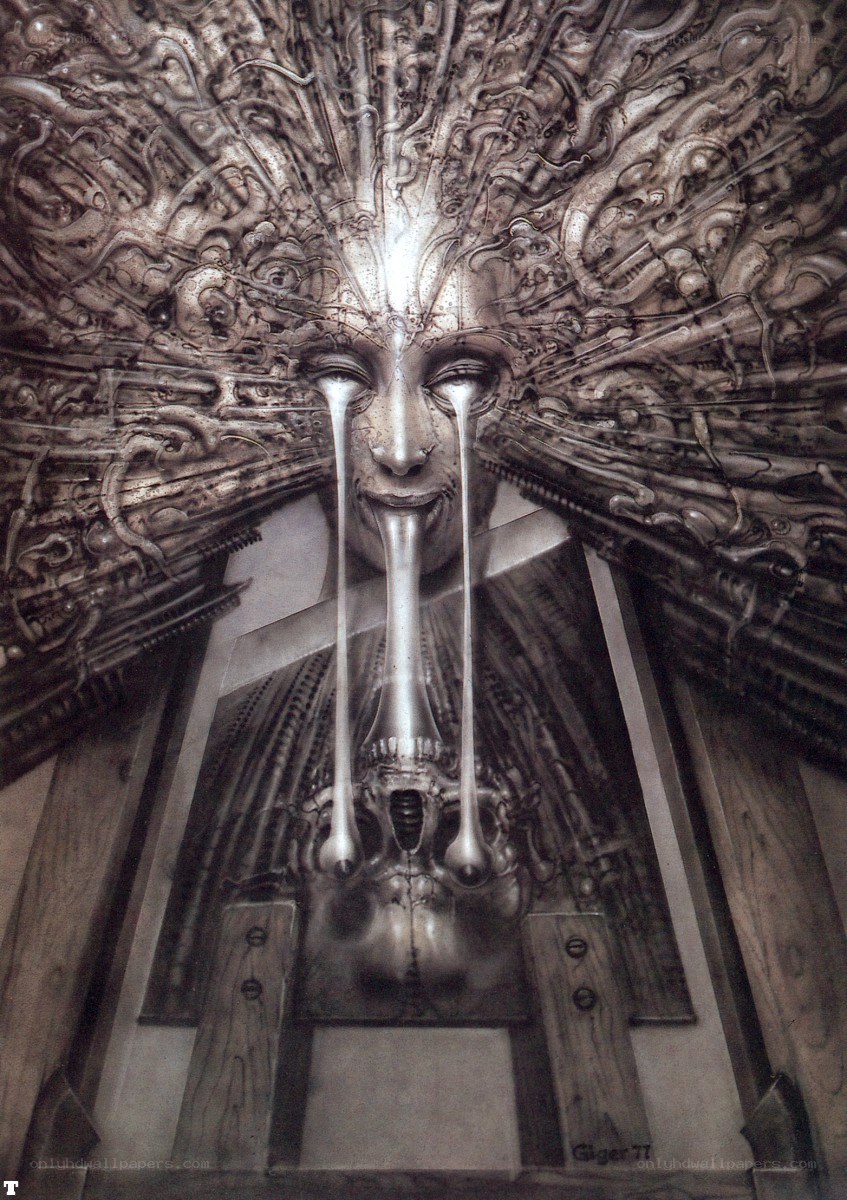 Surreal mechanical face sculpture