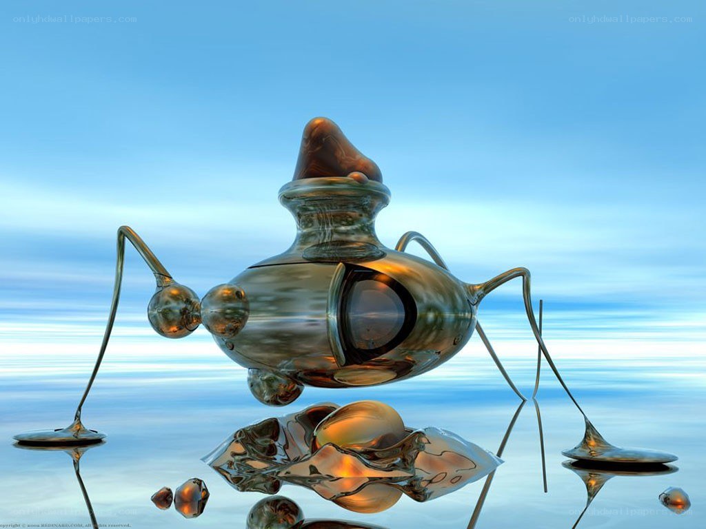 Surreal metallic creature on water
