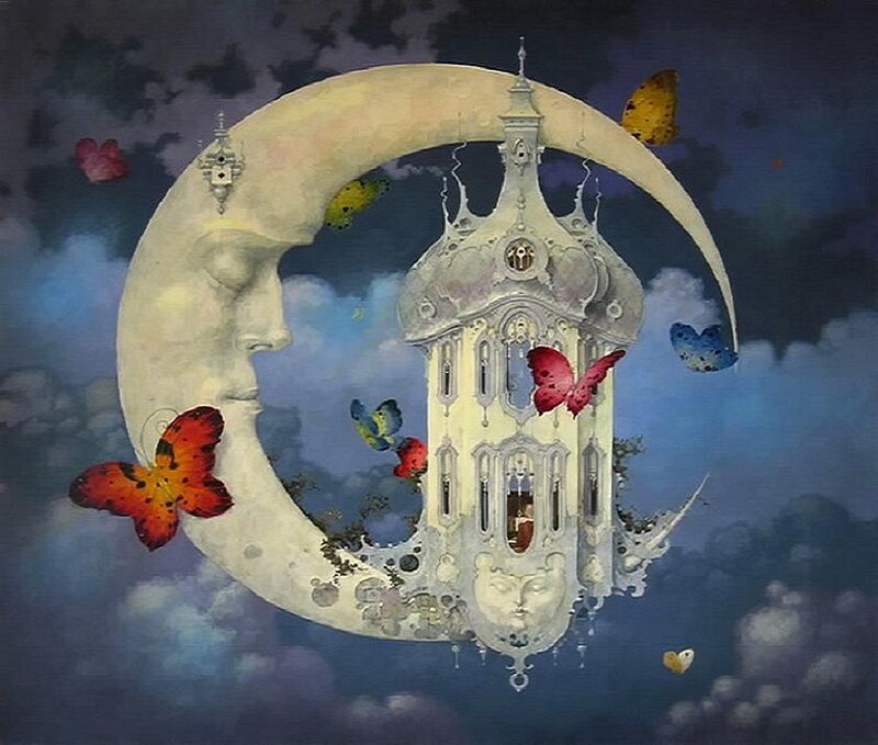 Surreal moon and butterfly scene