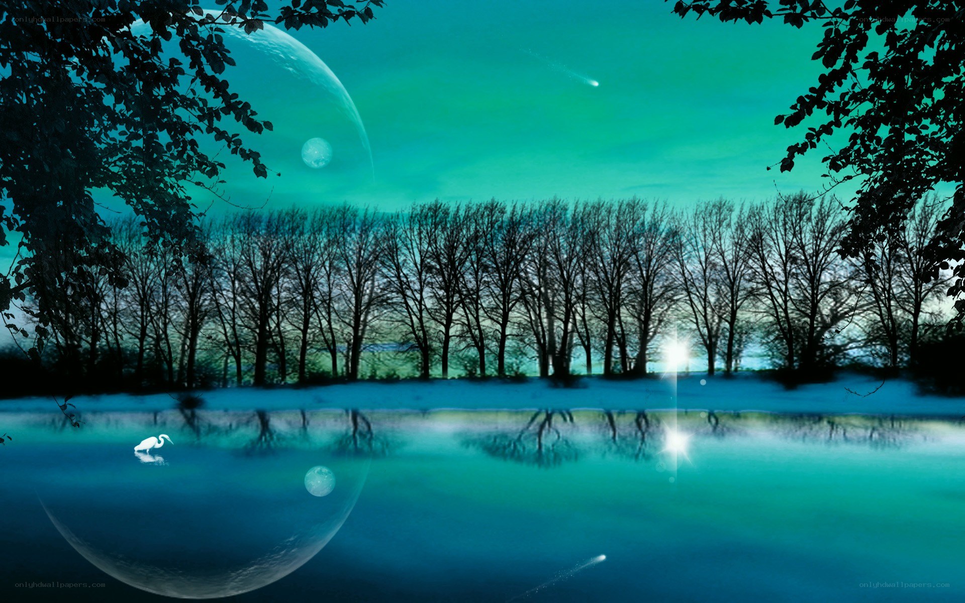 Surreal moonlit forest lake