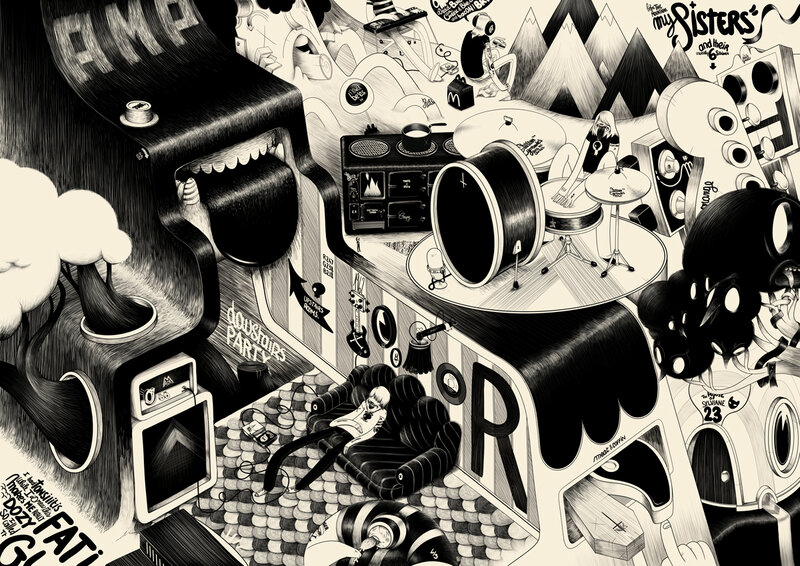 Surreal music party illustration