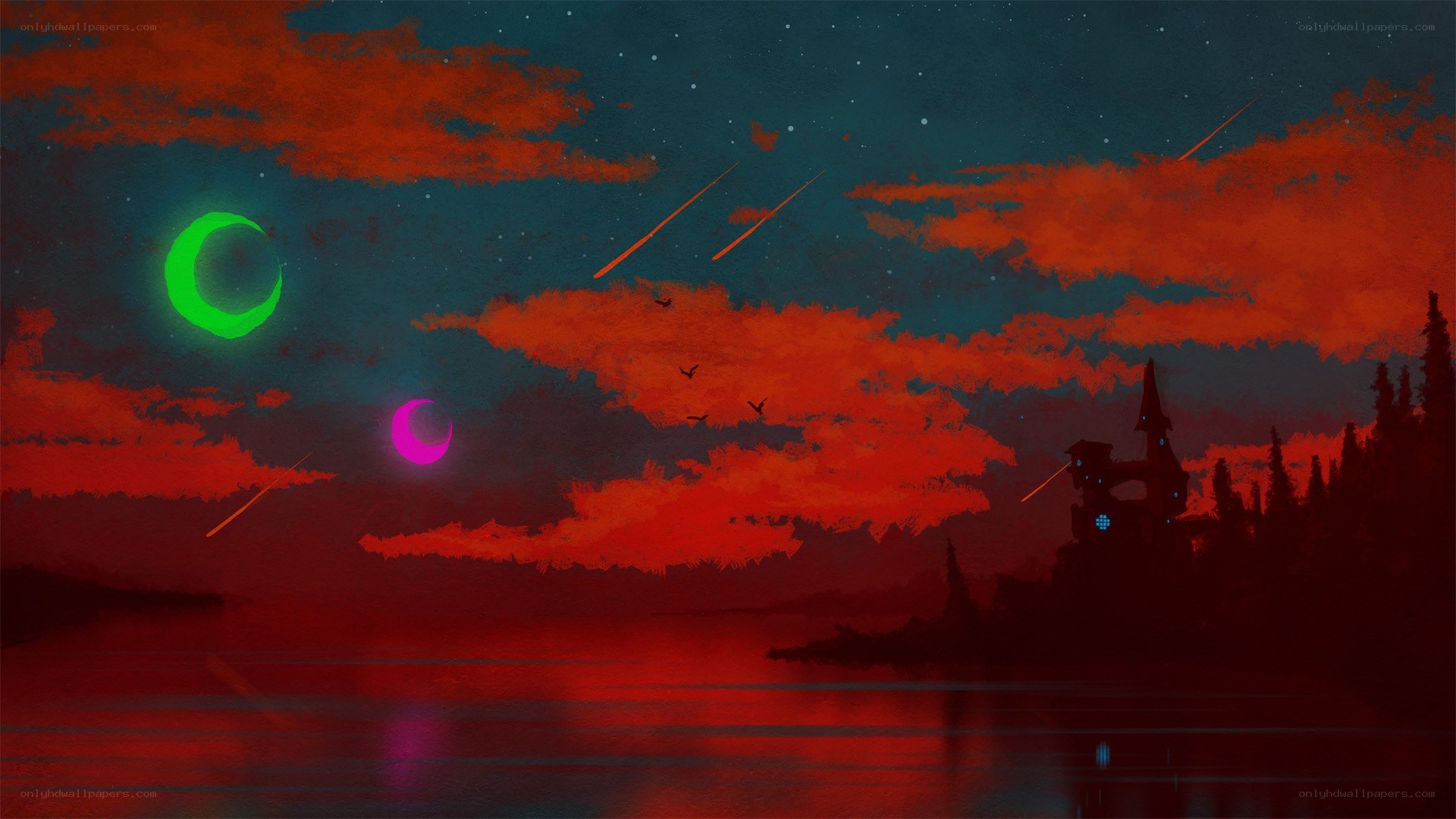 surreal night sky with glowing moons