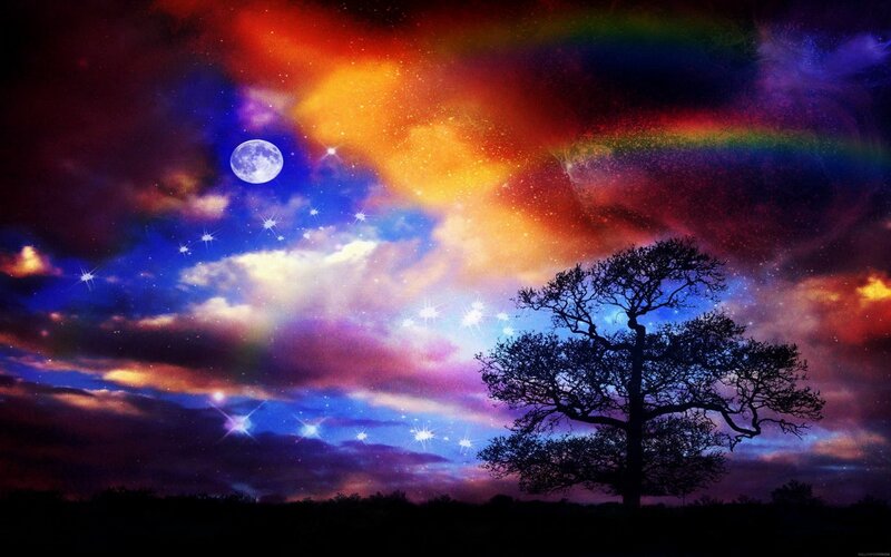 surreal night sky with tree