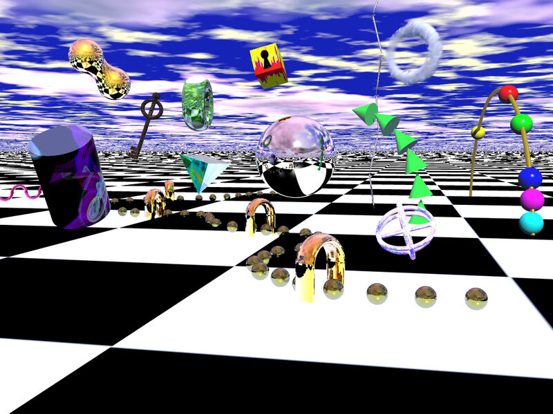 surreal objects on checkerboard