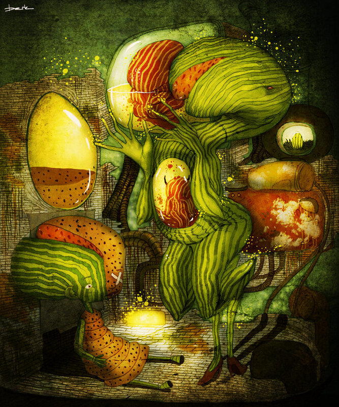 Surreal organic creatures in a dark chamber