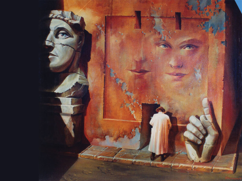 Surreal painting with giant faces