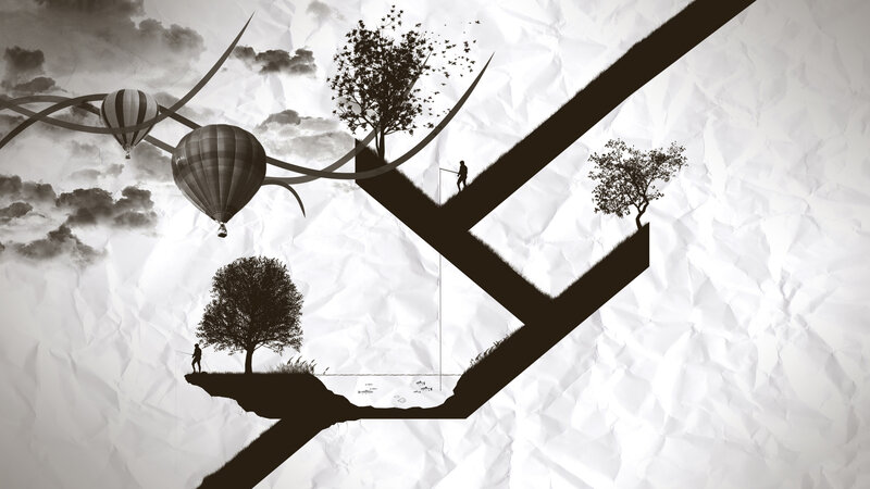 Surreal paper landscape with hot air balloons