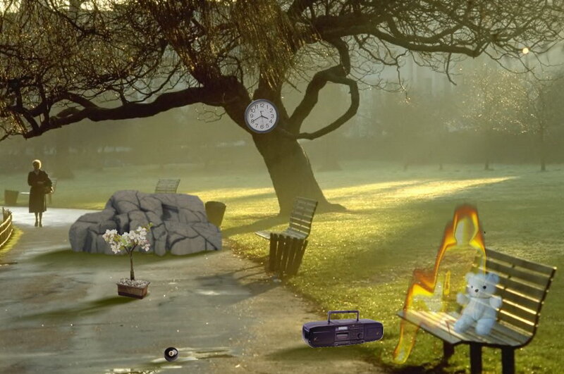 Surreal park scene with clock and teddy bear