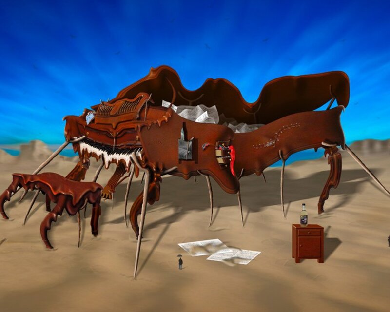Surreal piano creature in desert