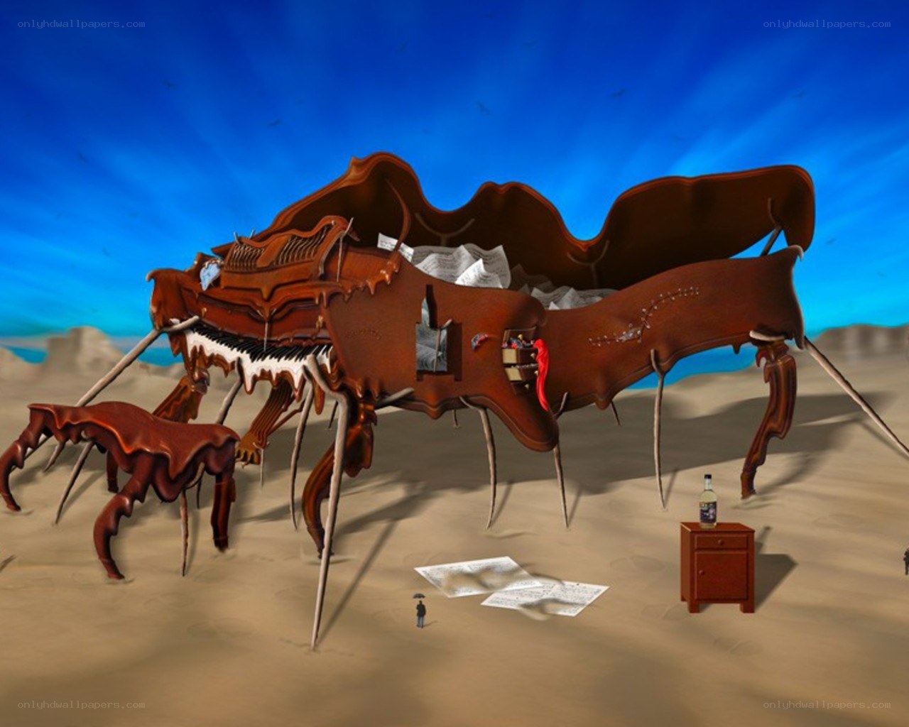 Surreal piano creature in desert