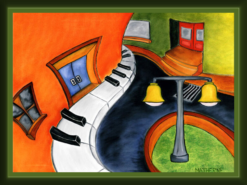 Surreal piano-key street scene