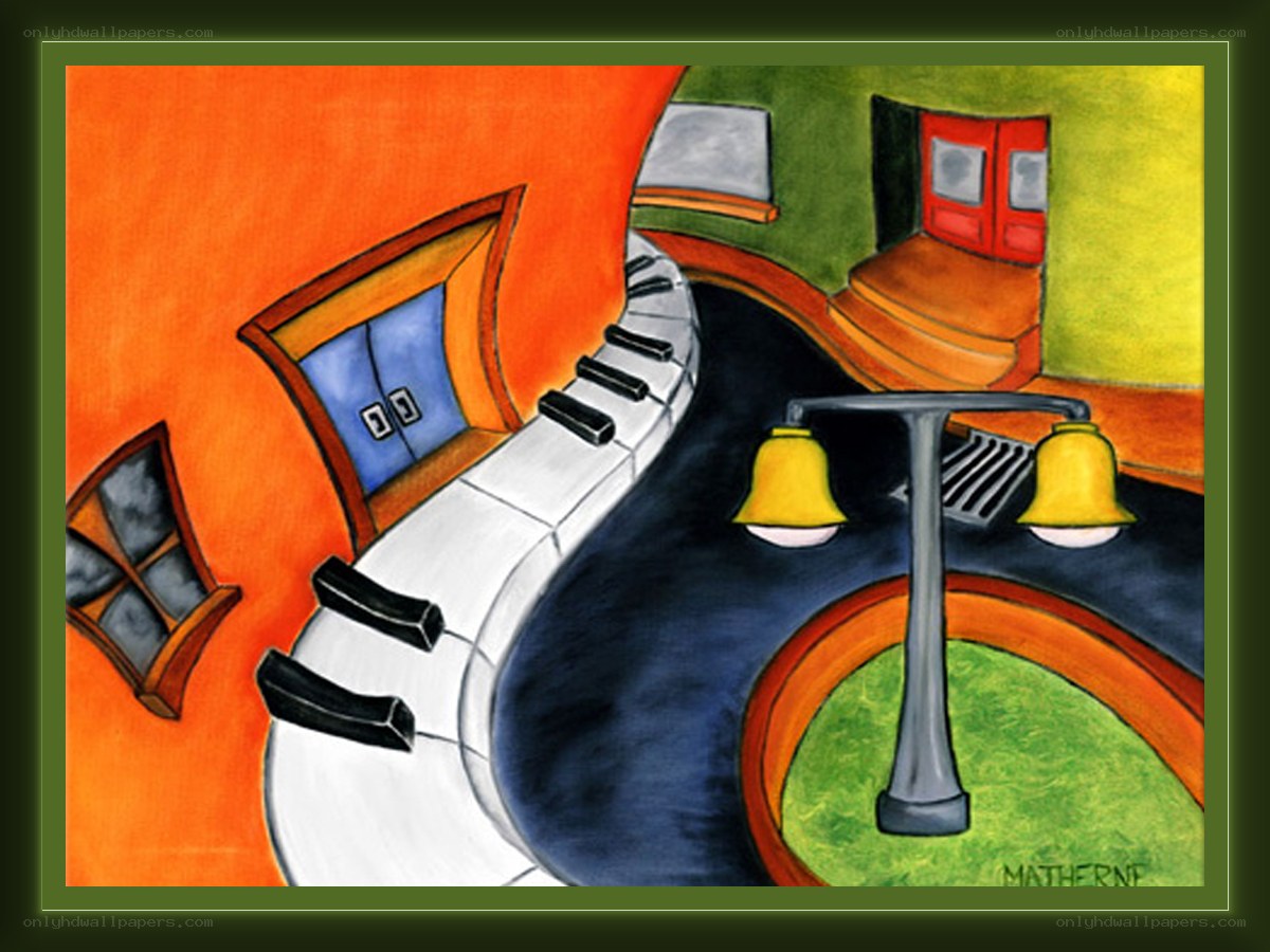 Surreal piano-key street scene