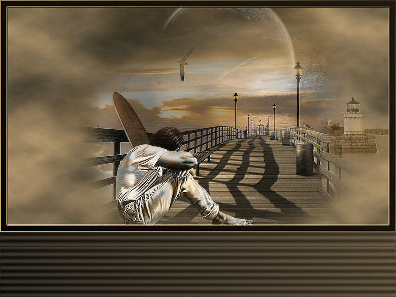 Surreal pier scene with angel