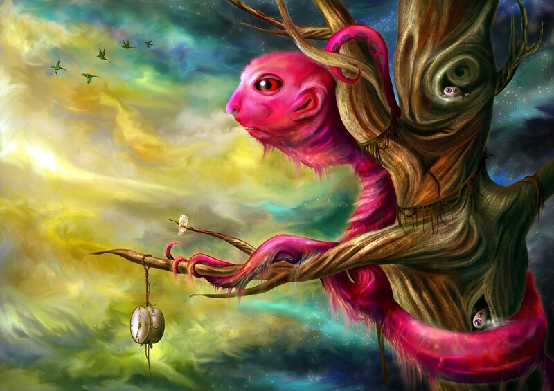surreal pink creature in tree