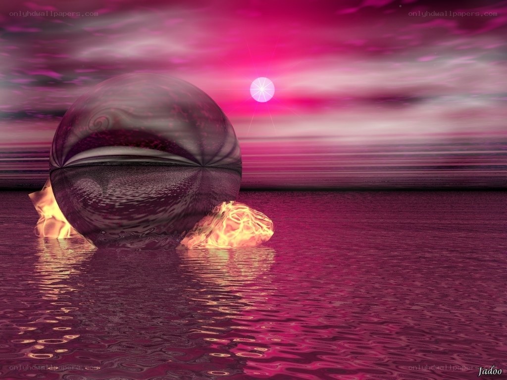 Surreal pink sphere on water