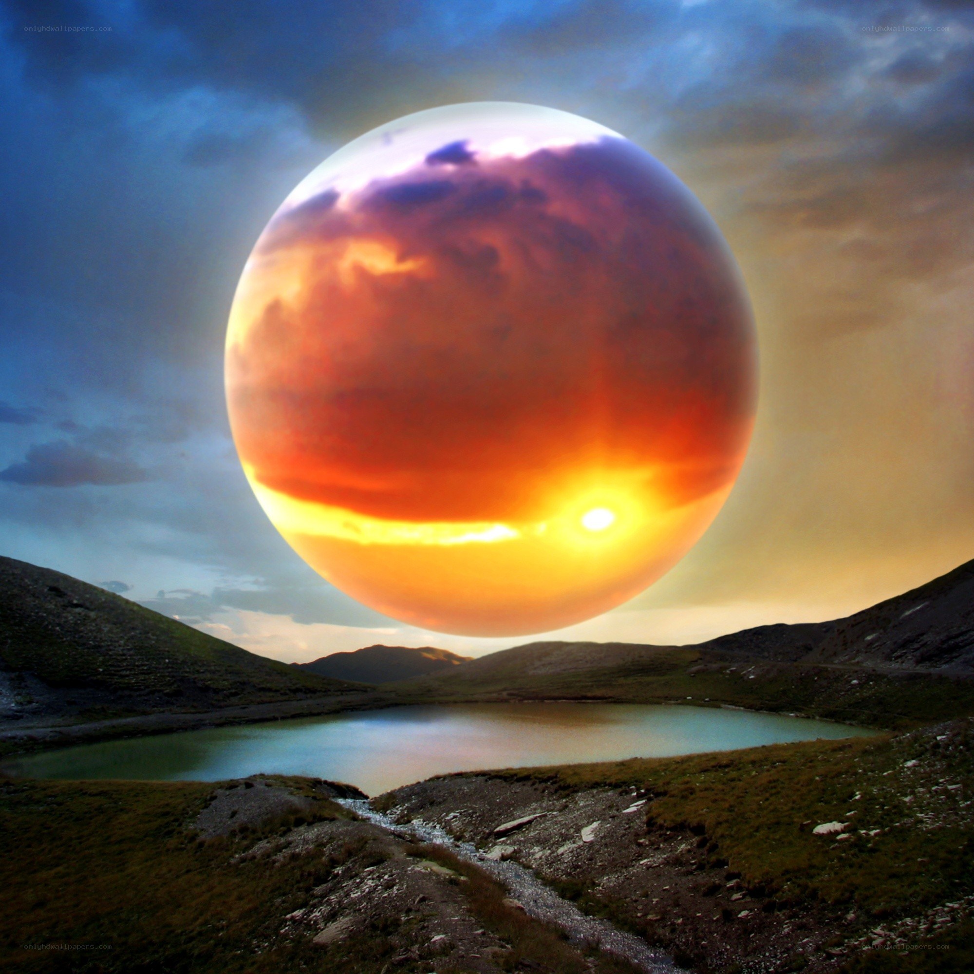 Surreal planet over mountain lake