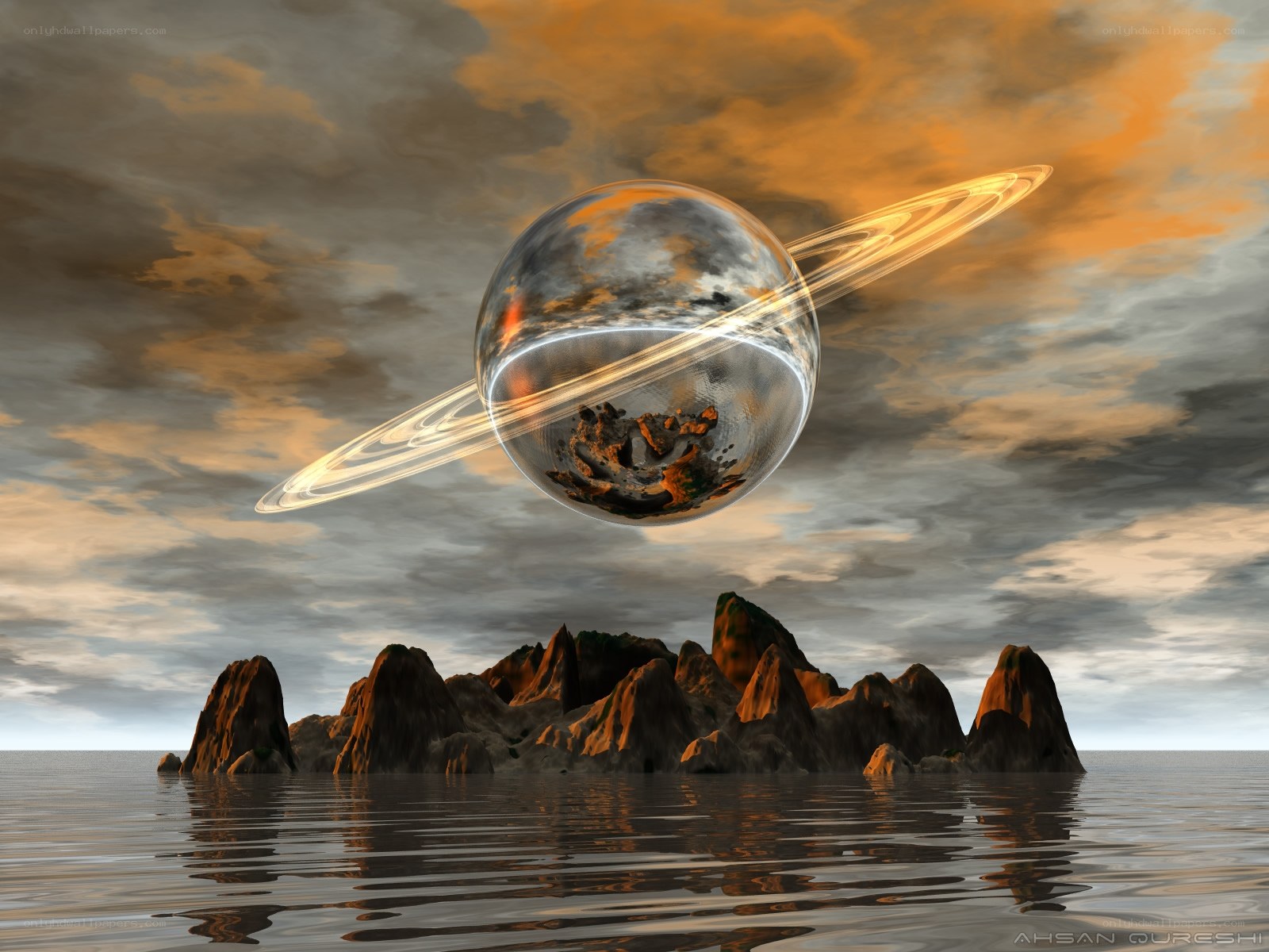 Surreal planet with rings