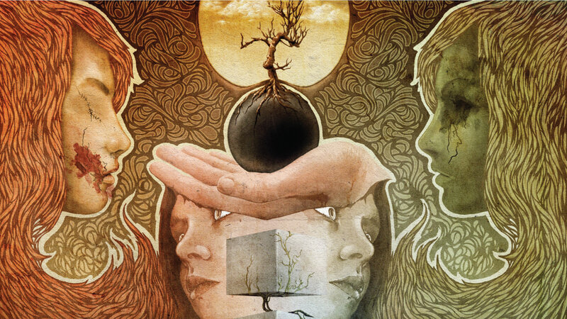 Surreal portrait with faces and tree