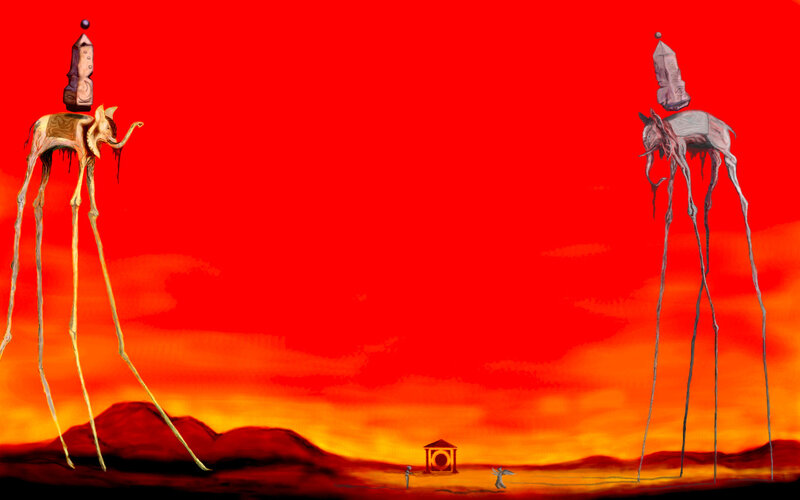Surreal red landscape with tall creatures