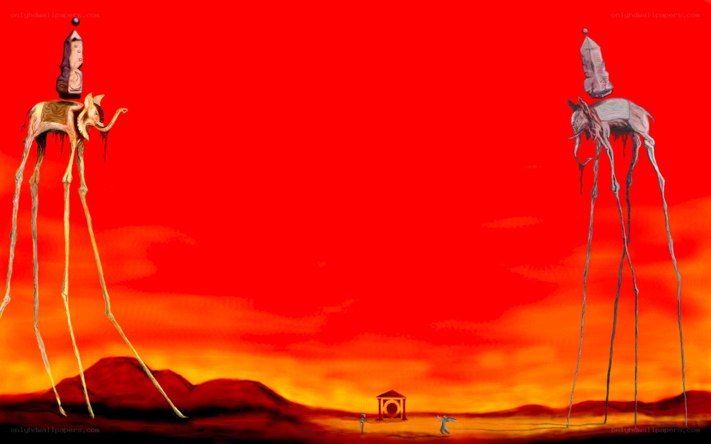 Surreal red landscape with tall creatures
