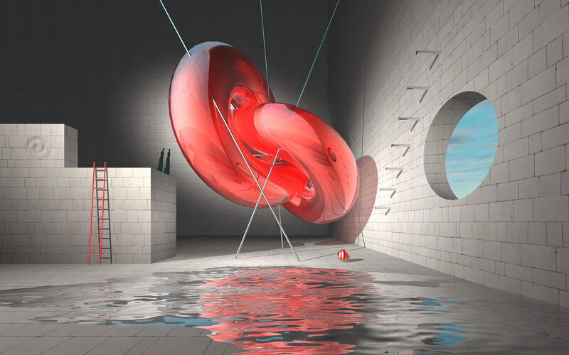 Surreal red sculpture in a brick room