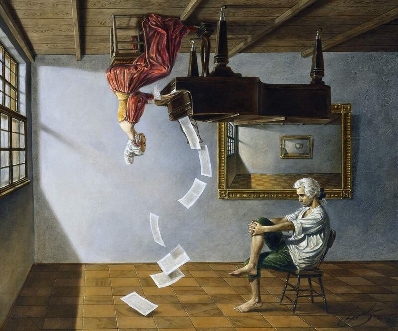 Surreal room with floating objects
