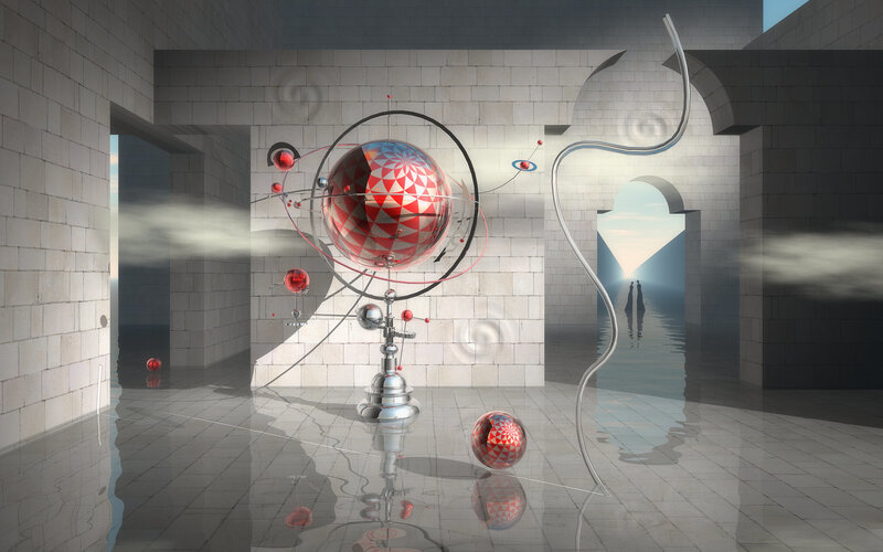 Surreal room with red sphere