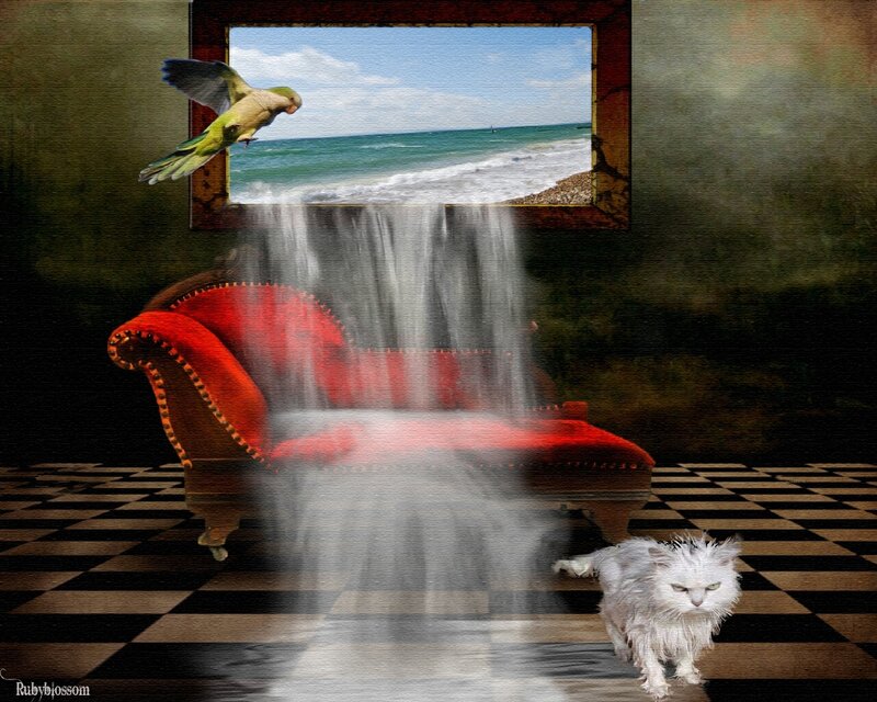 Surreal room with waterfall