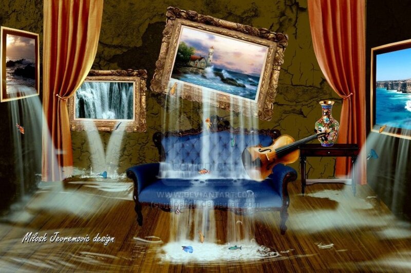 Surreal Room with Waterfalls