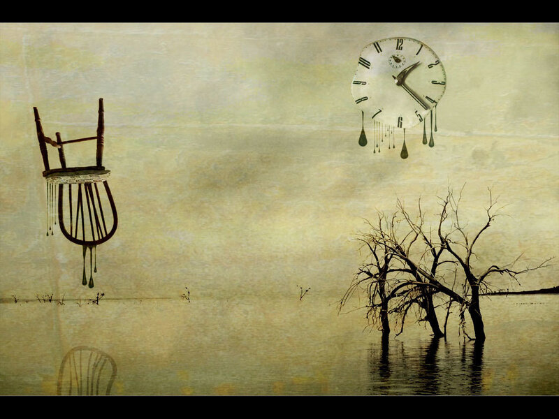 Surreal scene with melting clock and chair