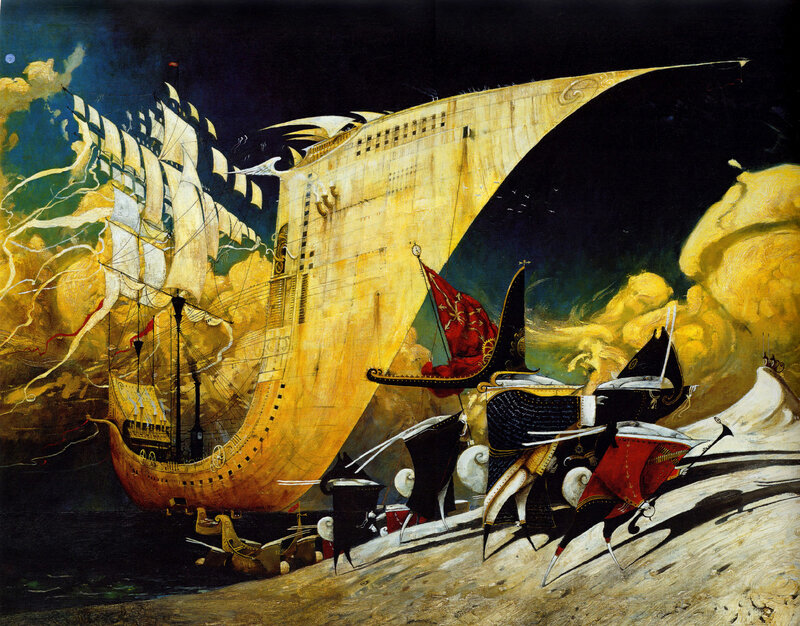 Surreal ship battle scene