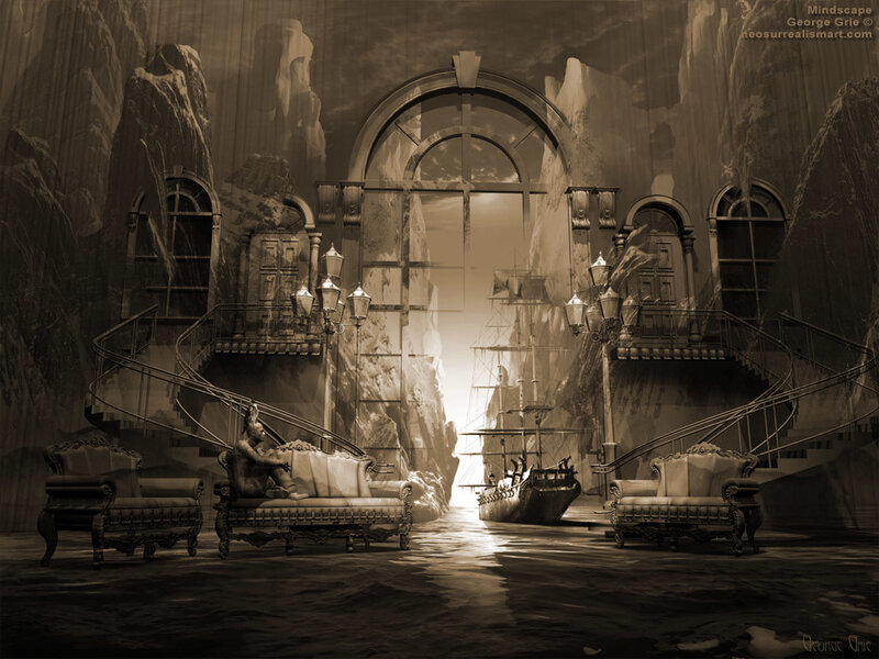 surreal ship in cavern