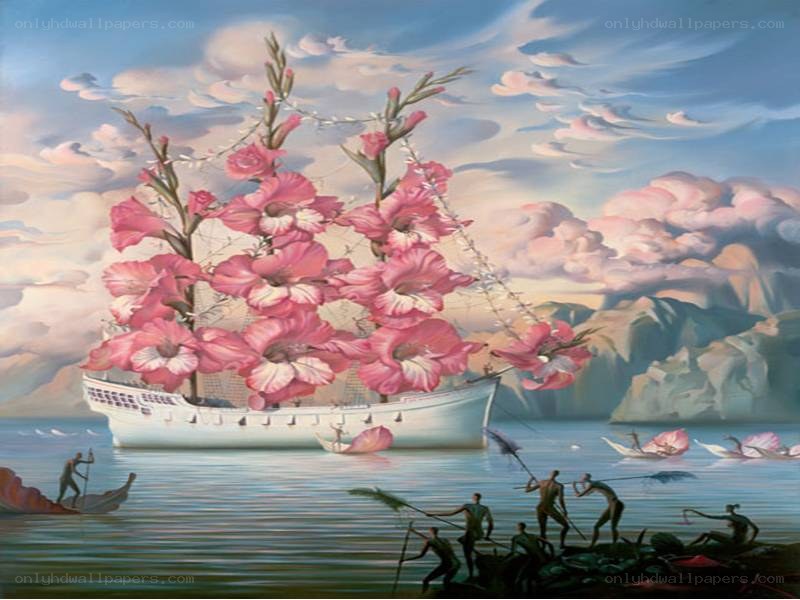 Surreal ship with pink flowers