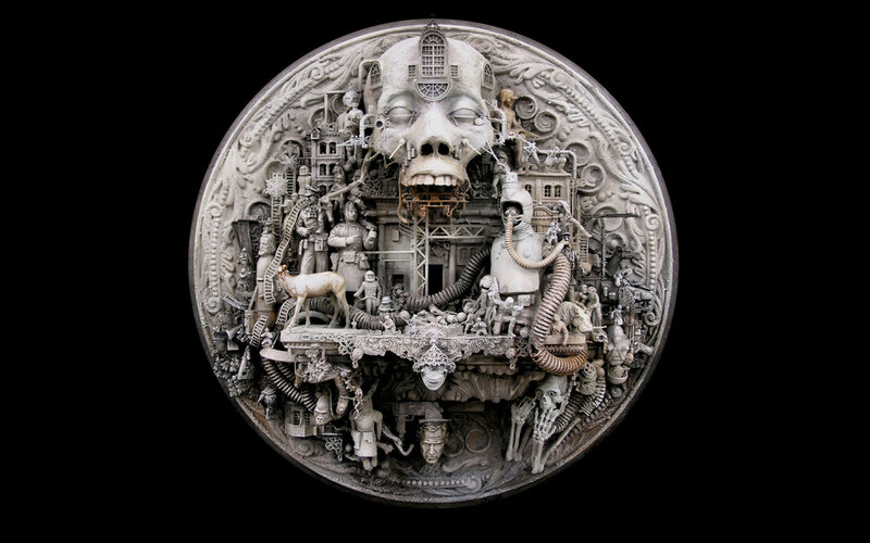 Surreal skull sculpture