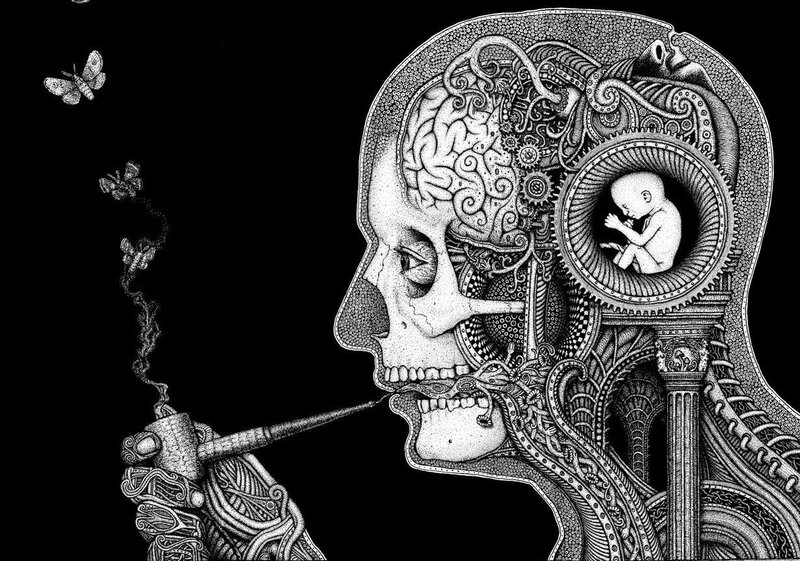 surreal skull with baby and brain