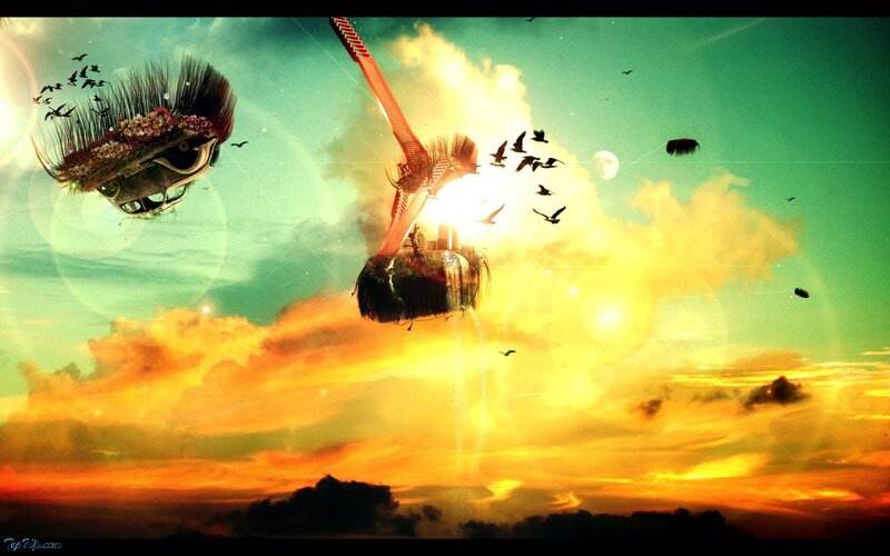 surreal sky with floating objects