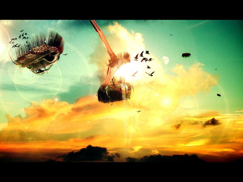 surreal sky with floating objects