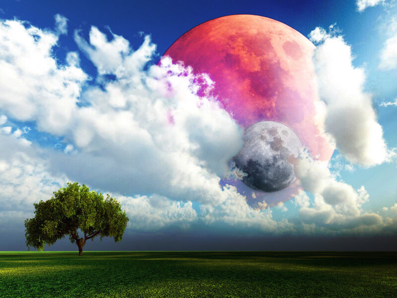 Surreal sky with red moon