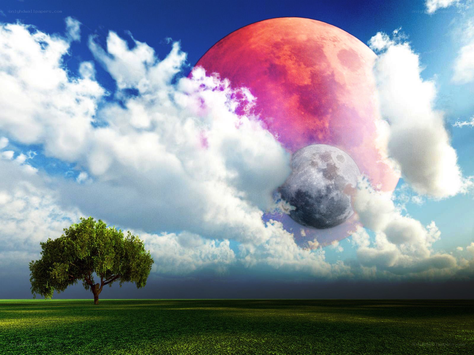 Surreal sky with red moon