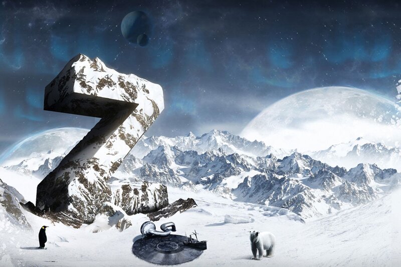 Surreal snowy landscape with giant Z