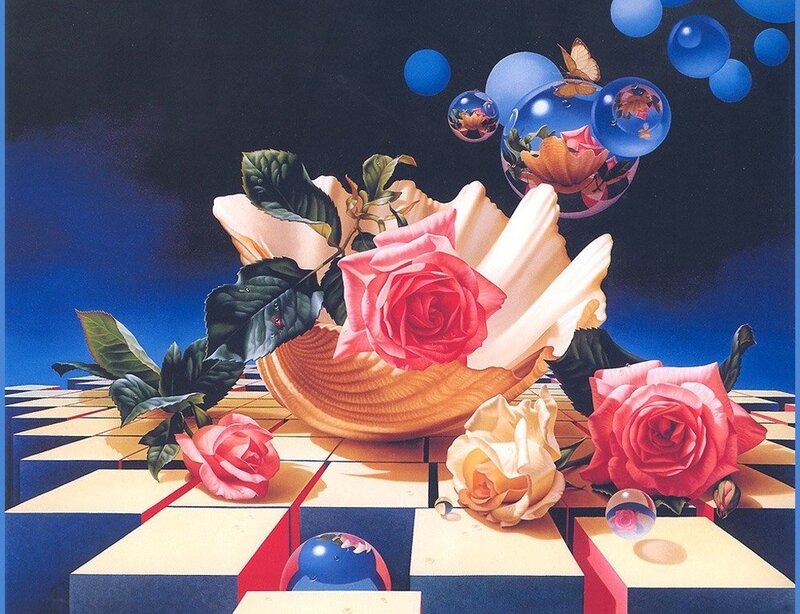 Surreal still life with roses and bubbles