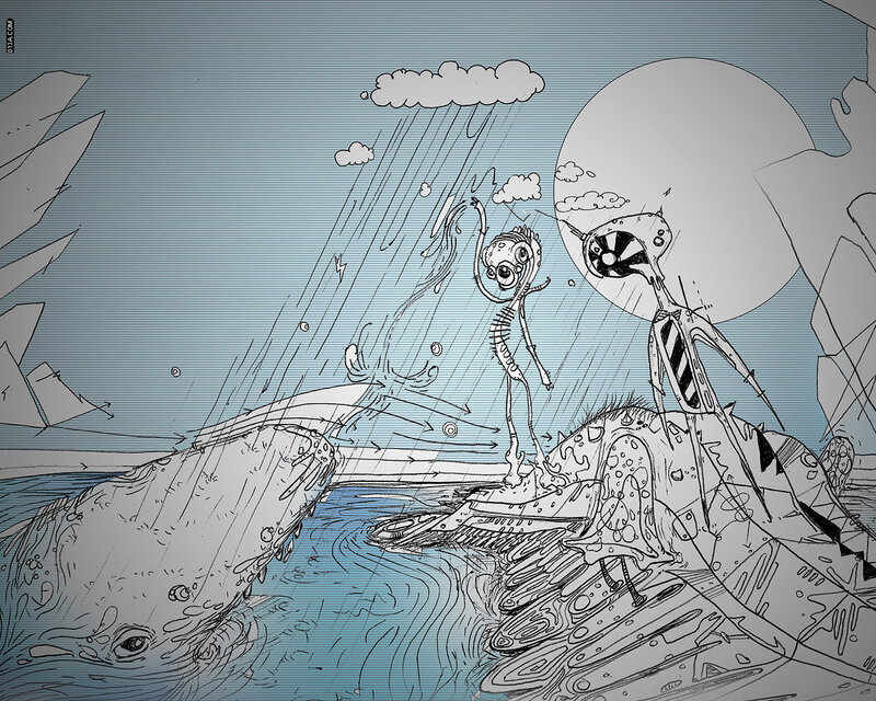 surreal storm scene with creatures