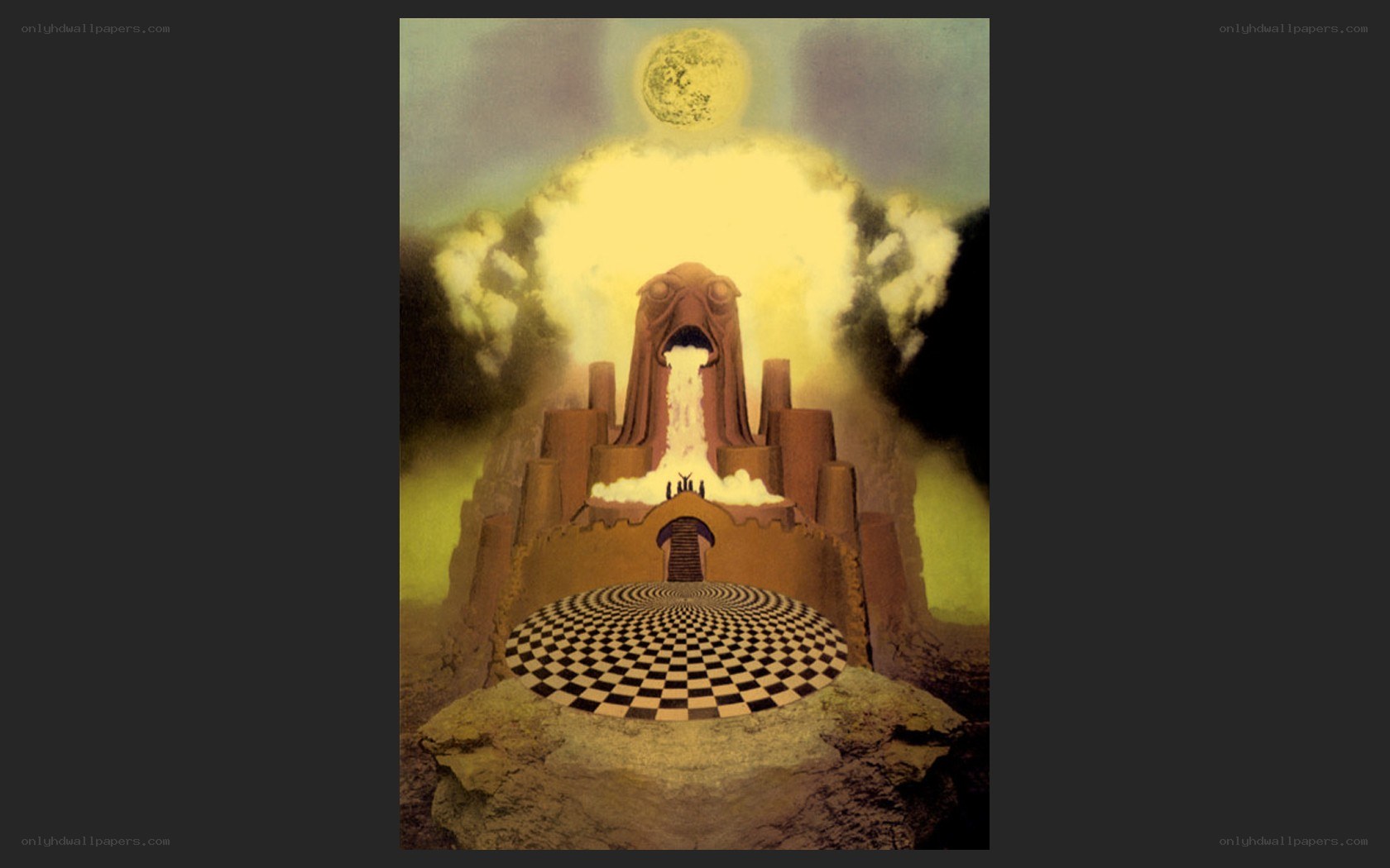 surreal temple with checkerboard floor