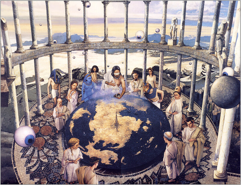 Surreal temple with globe and figures