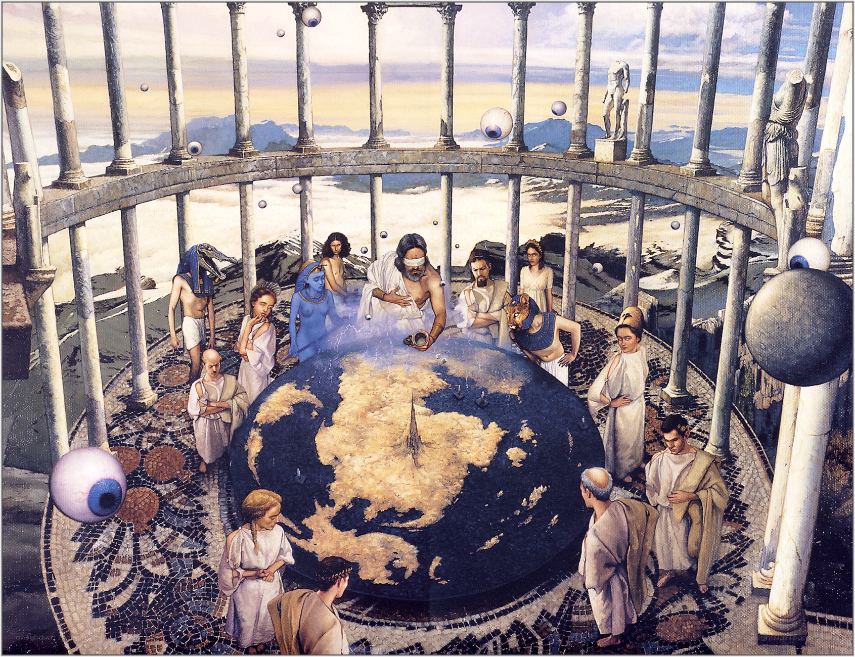 Surreal temple with globe and figures