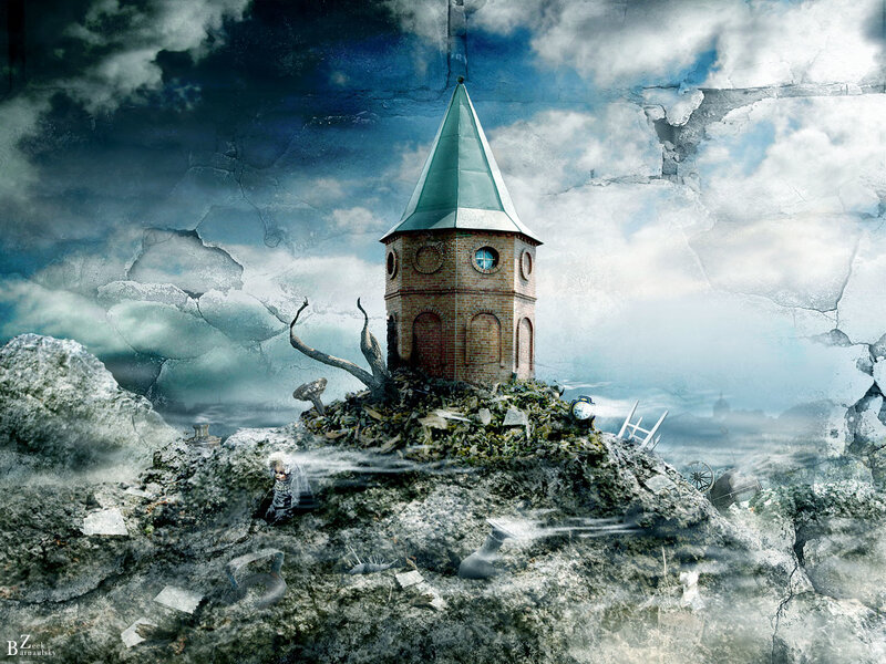 Surreal tower on a rocky island