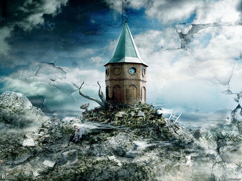 Surreal tower on a rocky island